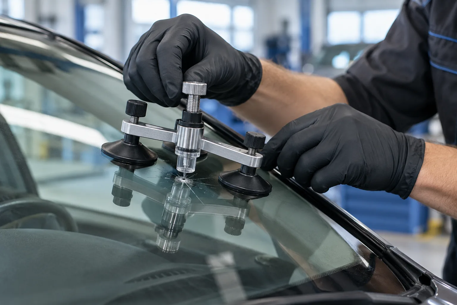 Fachgerechte Reparatur eines Steinschlags in einer Windschutzscheibe